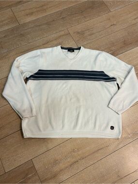 Eddie Bauer 100% Cotton V-Neck Sweater Cream Navy Stripe Preppy XL